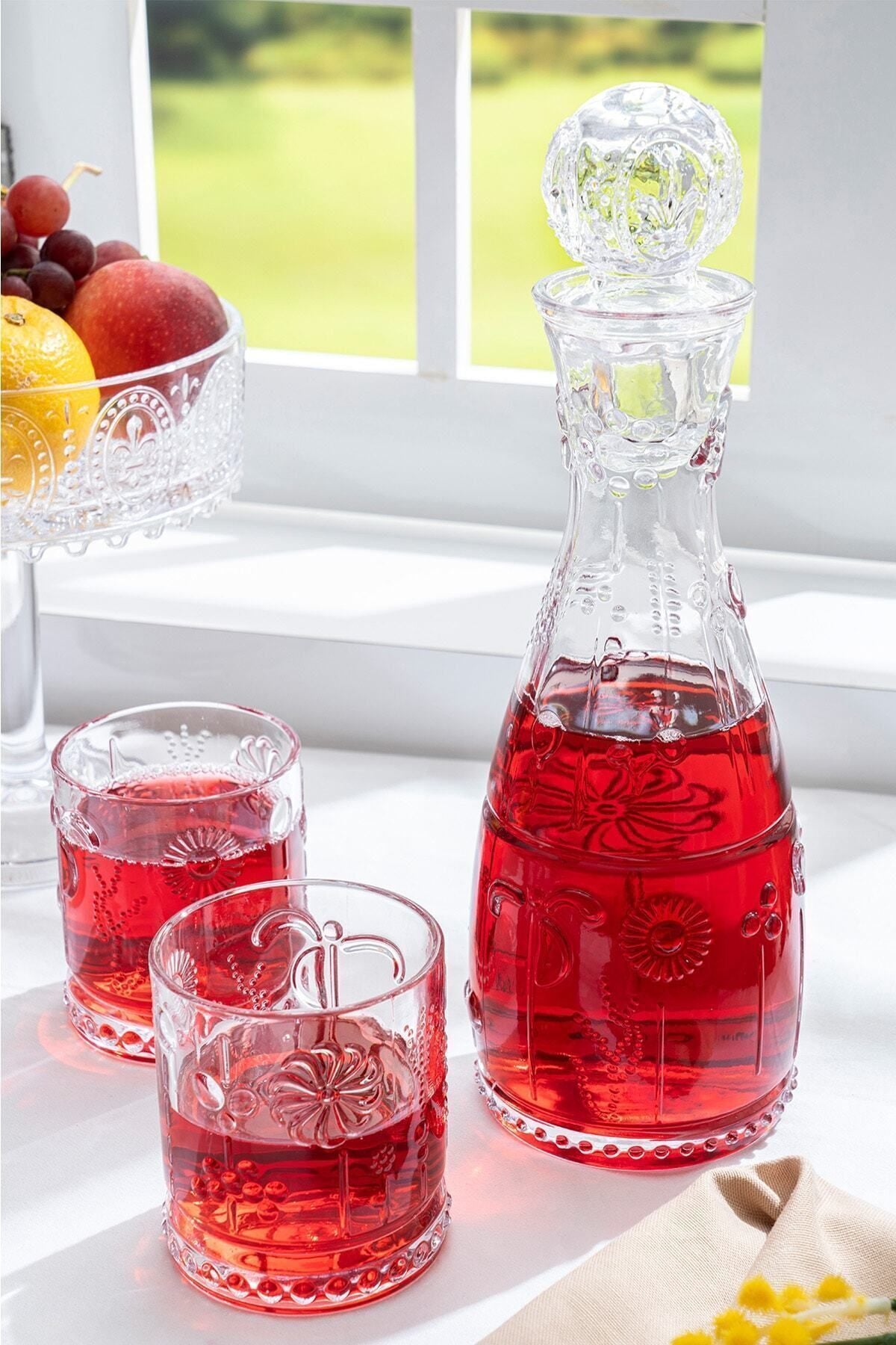 Glamis Bahar Model El Yapımı Cam Karaf 2 Bardaklı Set - 2 Bardaklı, El Yapımı, Çiçek Desenli, 1 Litre Hacim