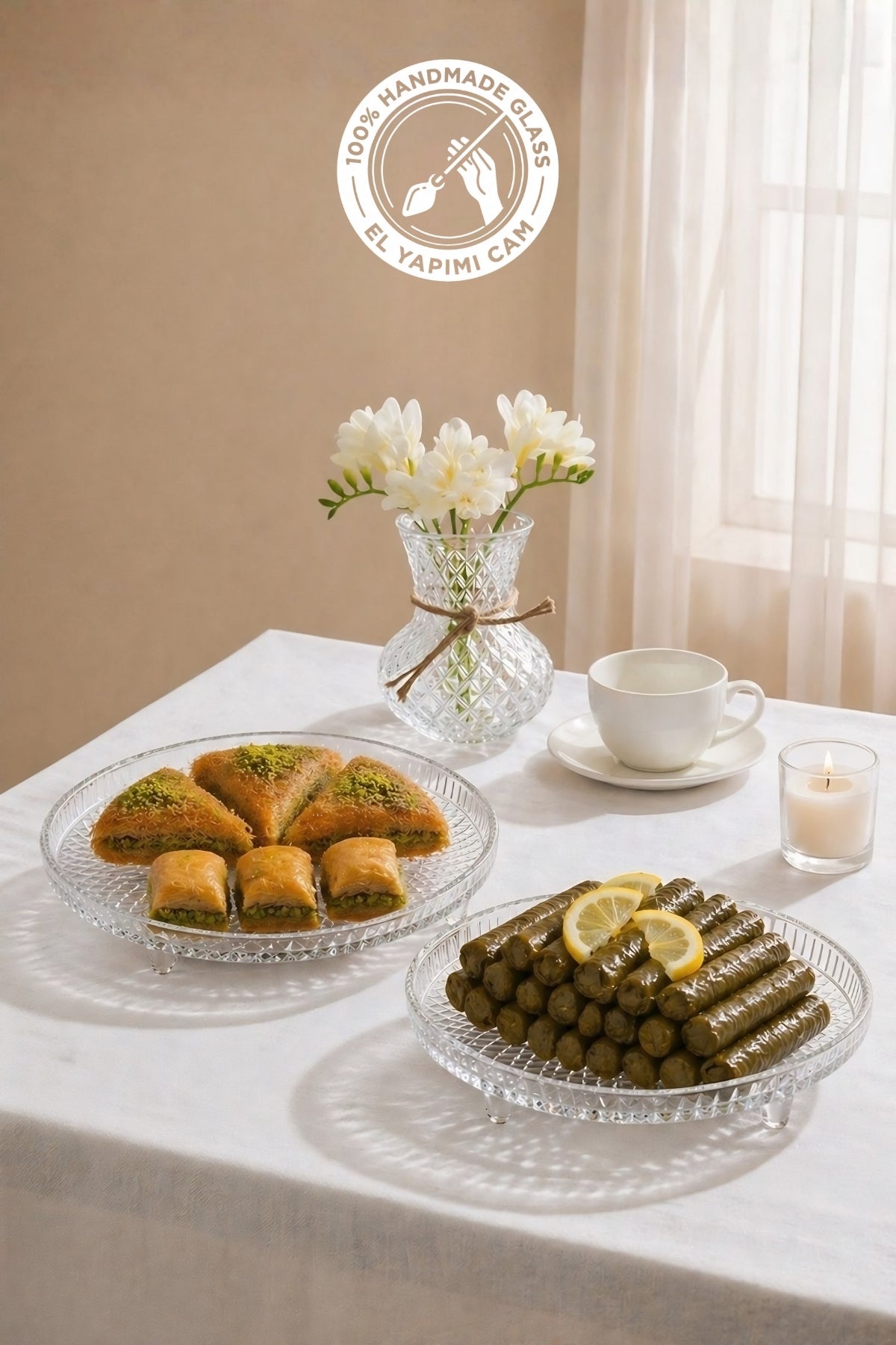 Selen Concept Örgü Model El Yapımı Cam Ayaklı Kek ve Pasta Sunumluk 2'li Set