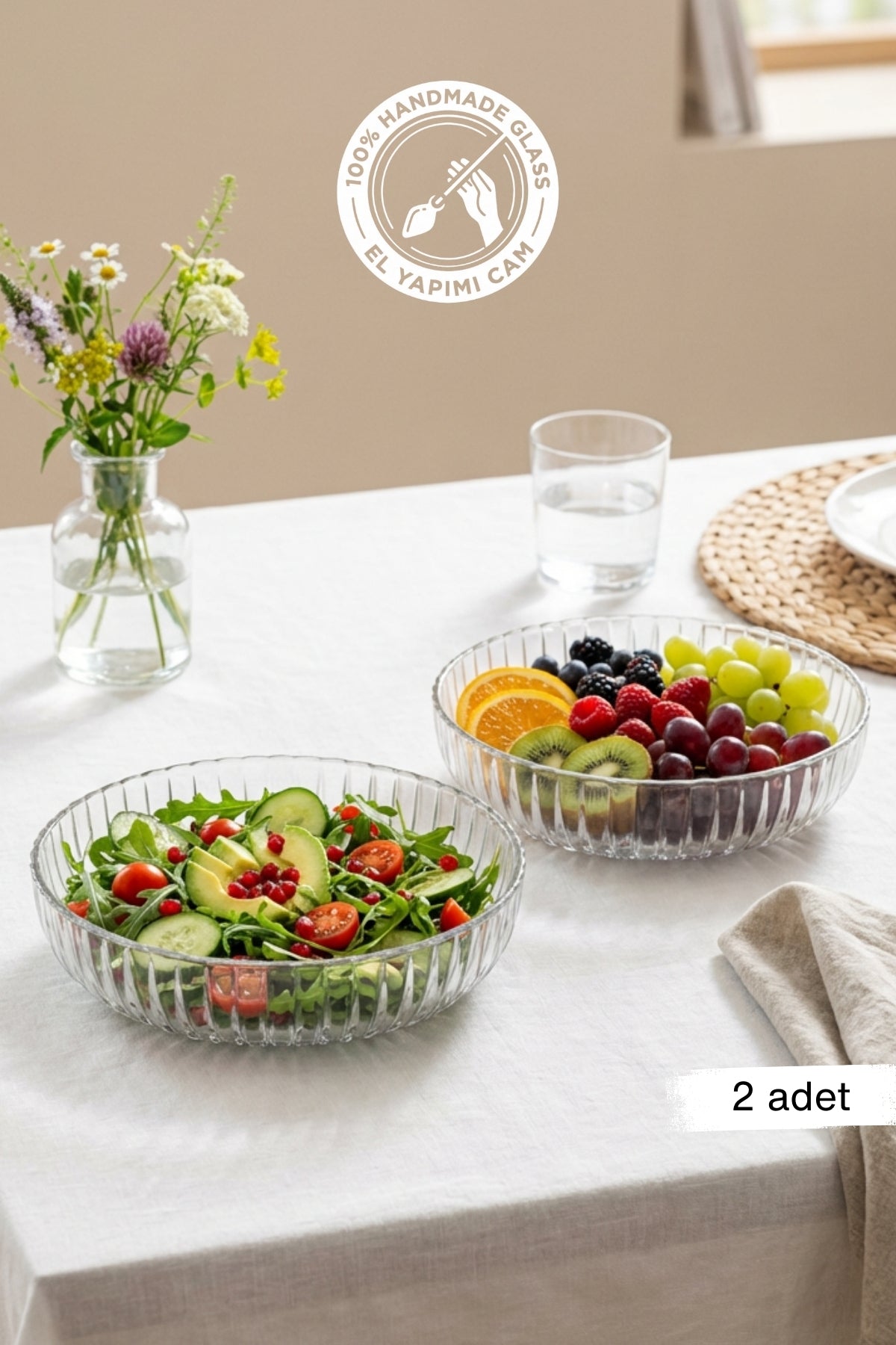 Selen Concept Linea Damla Model El Yapımı Cam Salata ve Meyve Kasesi 2'li Set