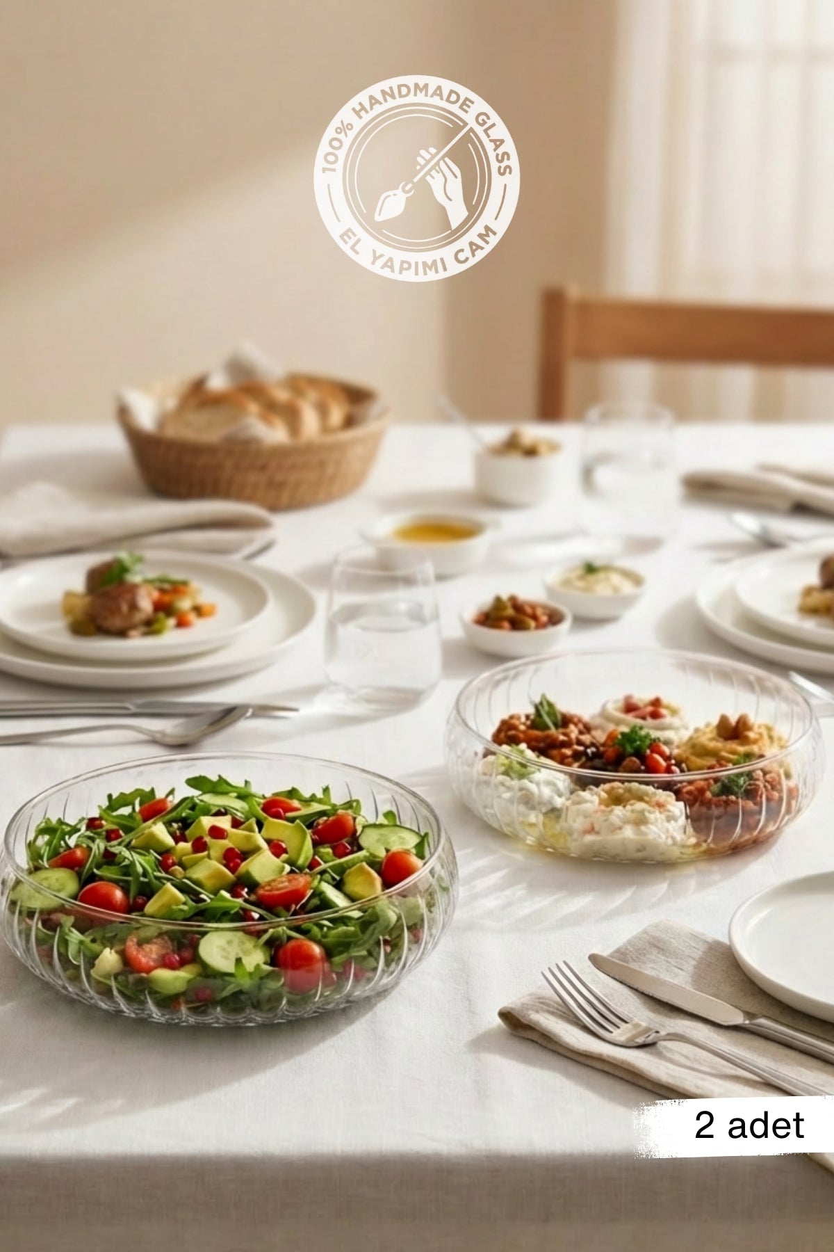 Selen Concept El Yapımı Orta Boy Cam Salata Kasesi 2'li