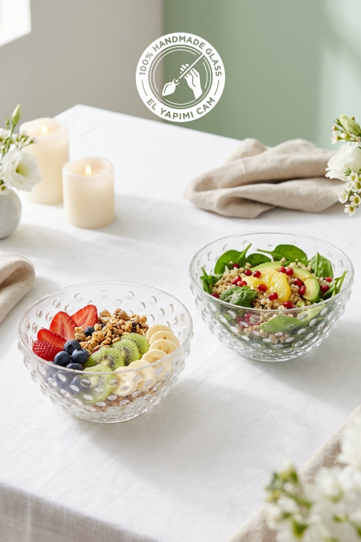 Selen Concept Küme Model Küçük Boy El Yapımı Cam Çorba Kasesi ve Salata Sunumluk 2'li Set