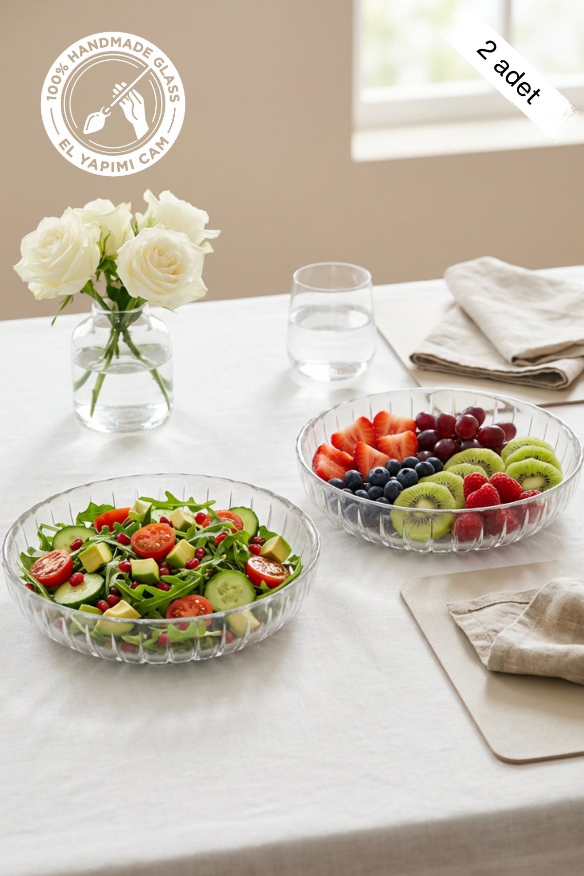 Selen Concept Sieana Model El Yapımı Cam Salata ve Meyve Kasesi 2'li Set
