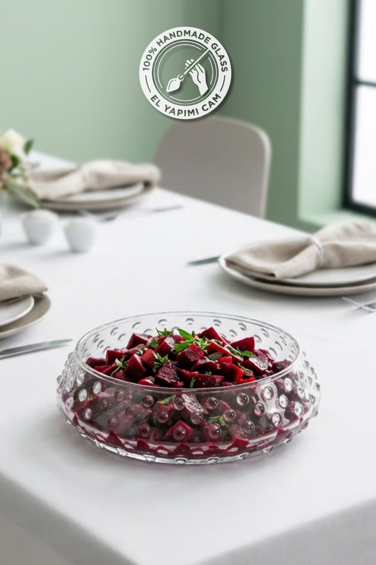 Selen Concept Bubble Model Orta Boy El Yapımı Cam Salata ve Sunum Kasesi 2'li Set