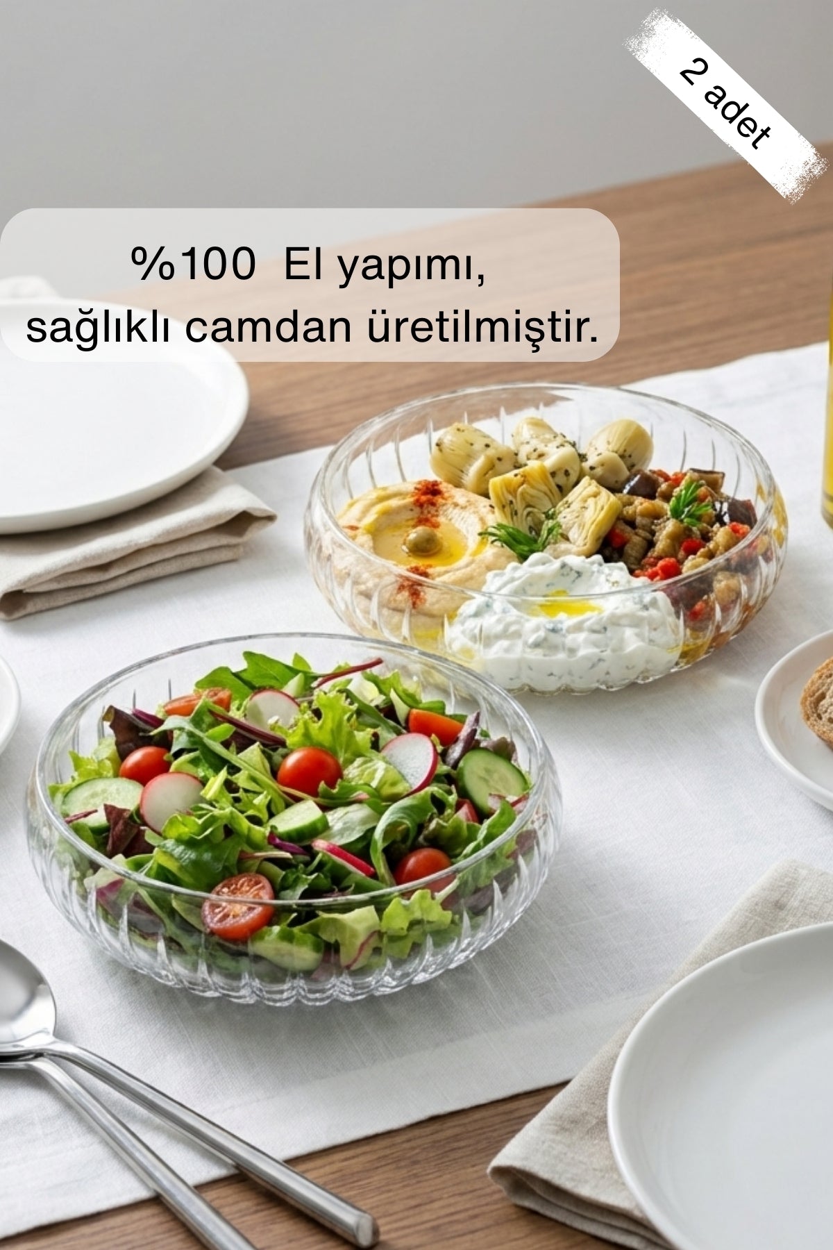 Selen Concept El Yapımı Orta Boy Cam Salata Kasesi 2'li