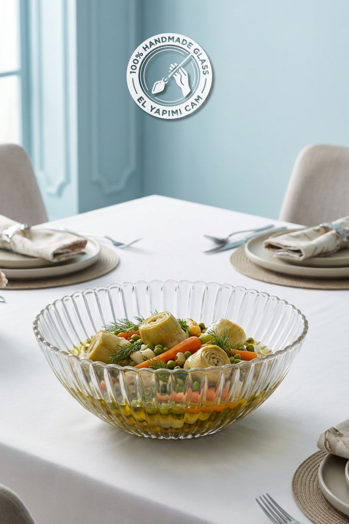 Selen Concept Çuha Model El Yapımı Cam Salata ve Sunum Kasesi 2'li Set