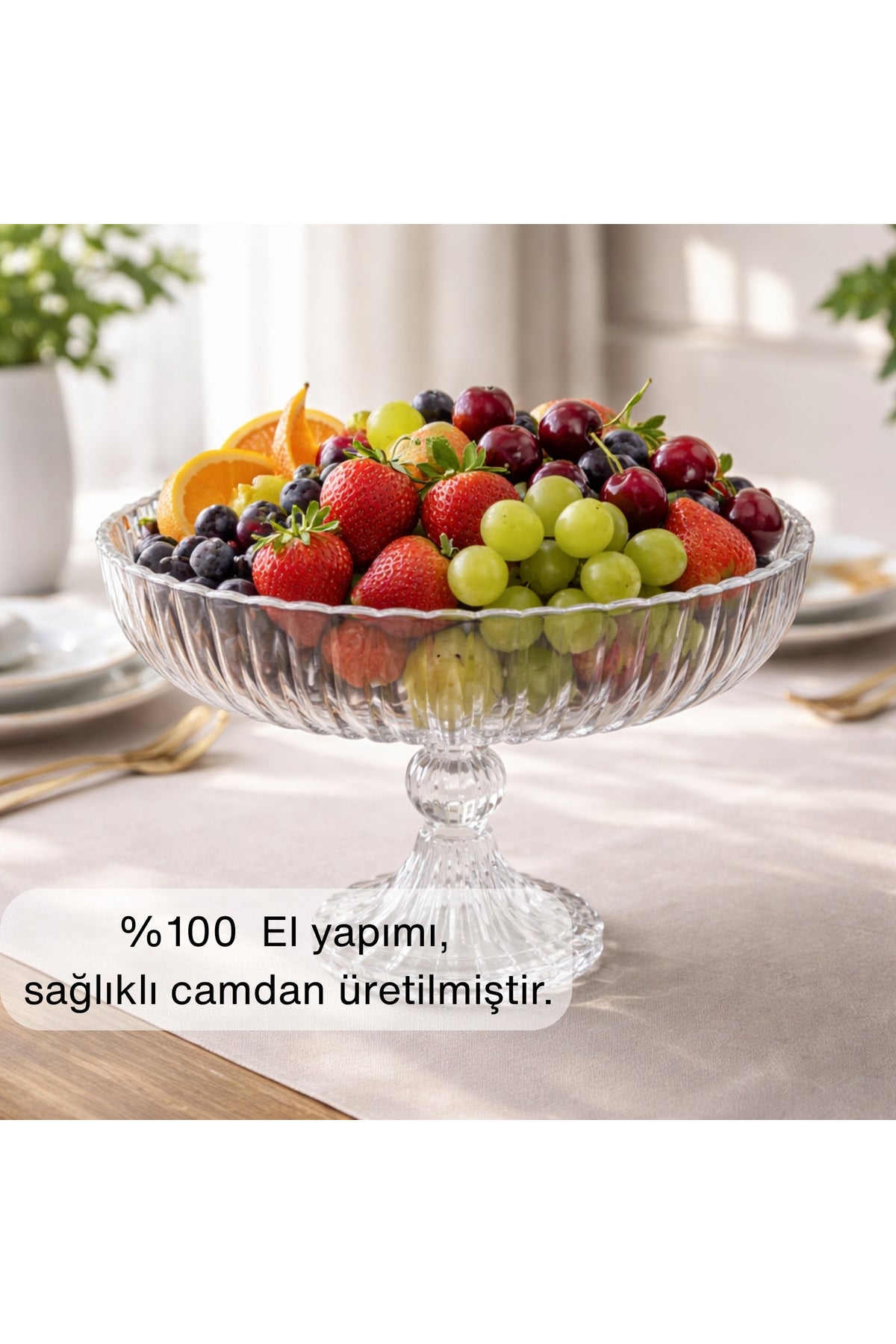 Selen Concept Linea Damla model Ayaklı El Yapımı Cam Salata Ve Meyve Kasesi Tekli