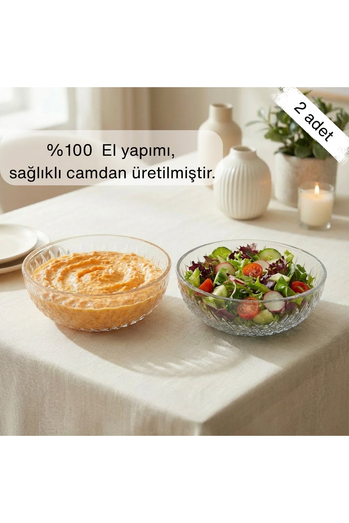 Selen Concept Mira Model El Yapımı Cam Salata ve Meyve Kasesi 2'li Set
