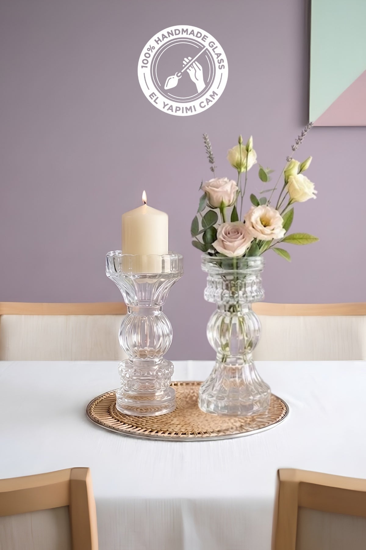 Selen Concept Luvia Model Orta Boy Çift Yönlü Modern El Yapımı Cam Şamdan & Vazo 2li Set