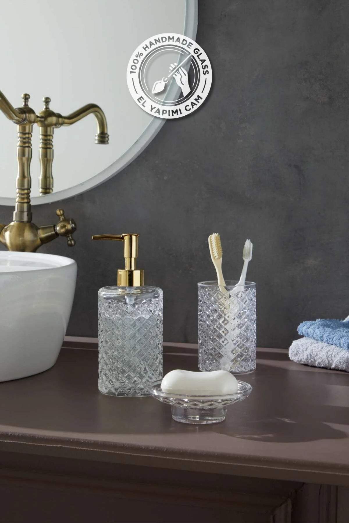 Glamis Kafes Model El Yapımı Cam Banyo Seti 3'lü Takım
