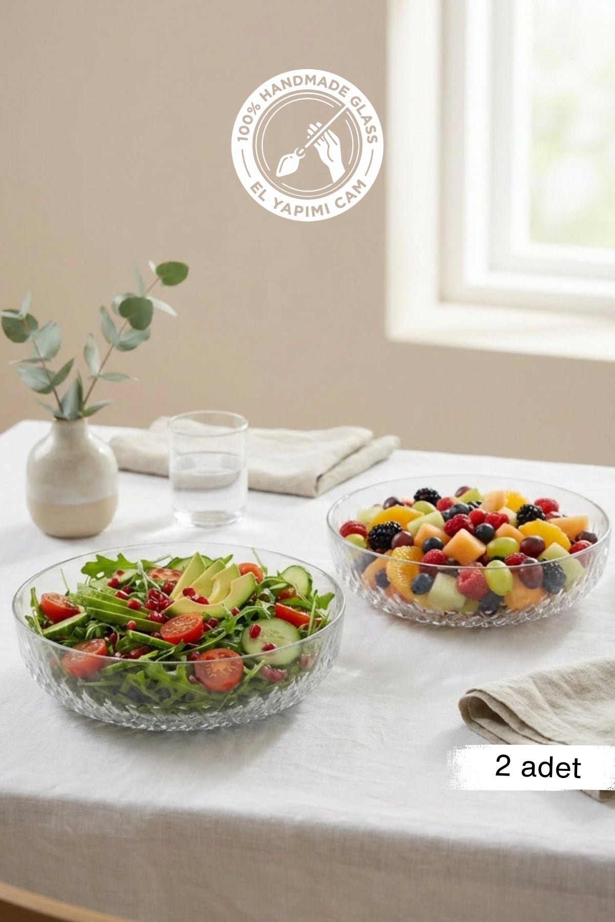 Selen Concept Mira Model El Yapımı Cam Salata ve Meyve Kasesi 2'li Set