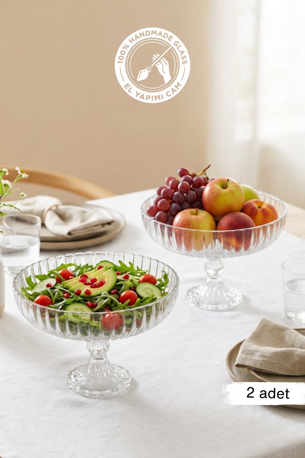 Selen Concept Linea Damla Model Ayaklı El Yapımı Cam Salata Ve Meyve Kasesi 2'li Set