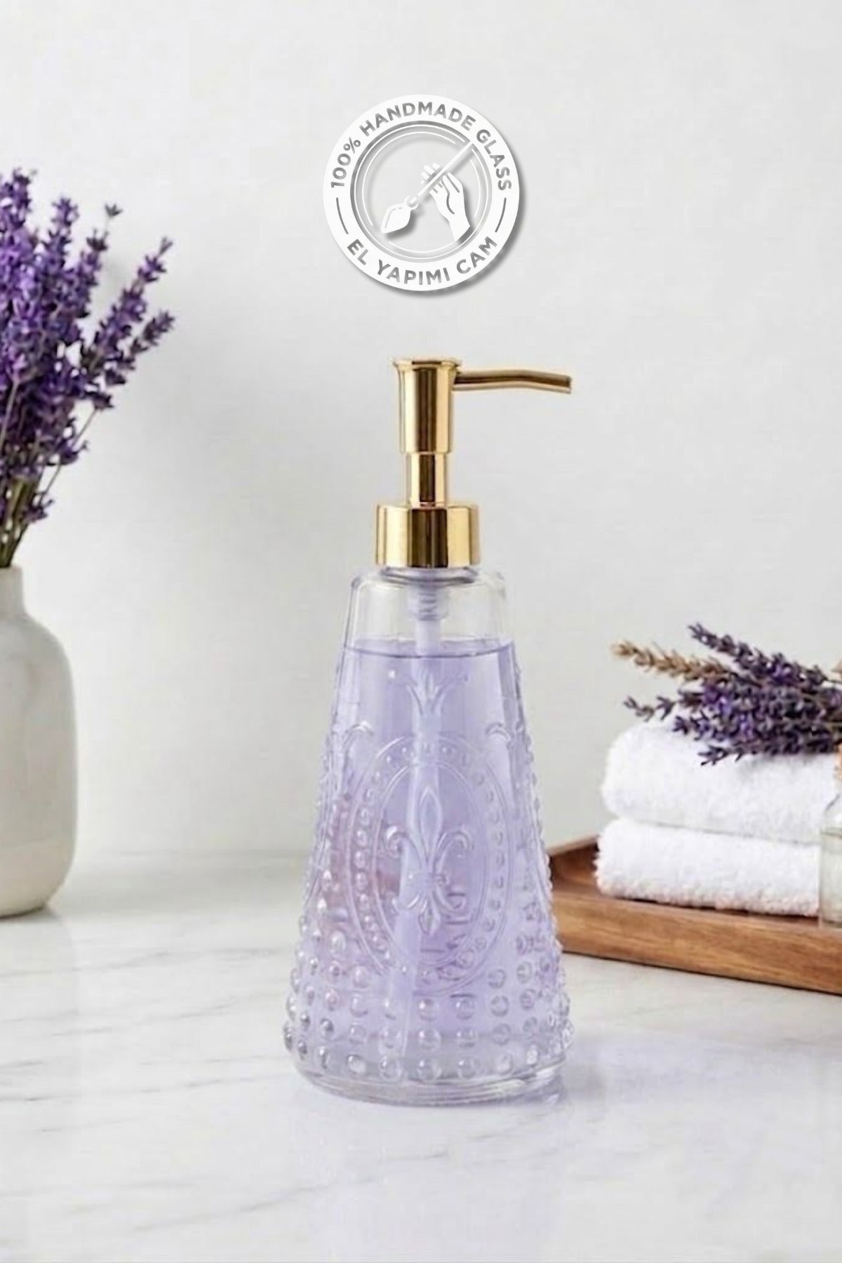 Selen Concept Fleur De Lis Model Gold Kapaklı El Yapımı Cam Sıvı Sabunluk