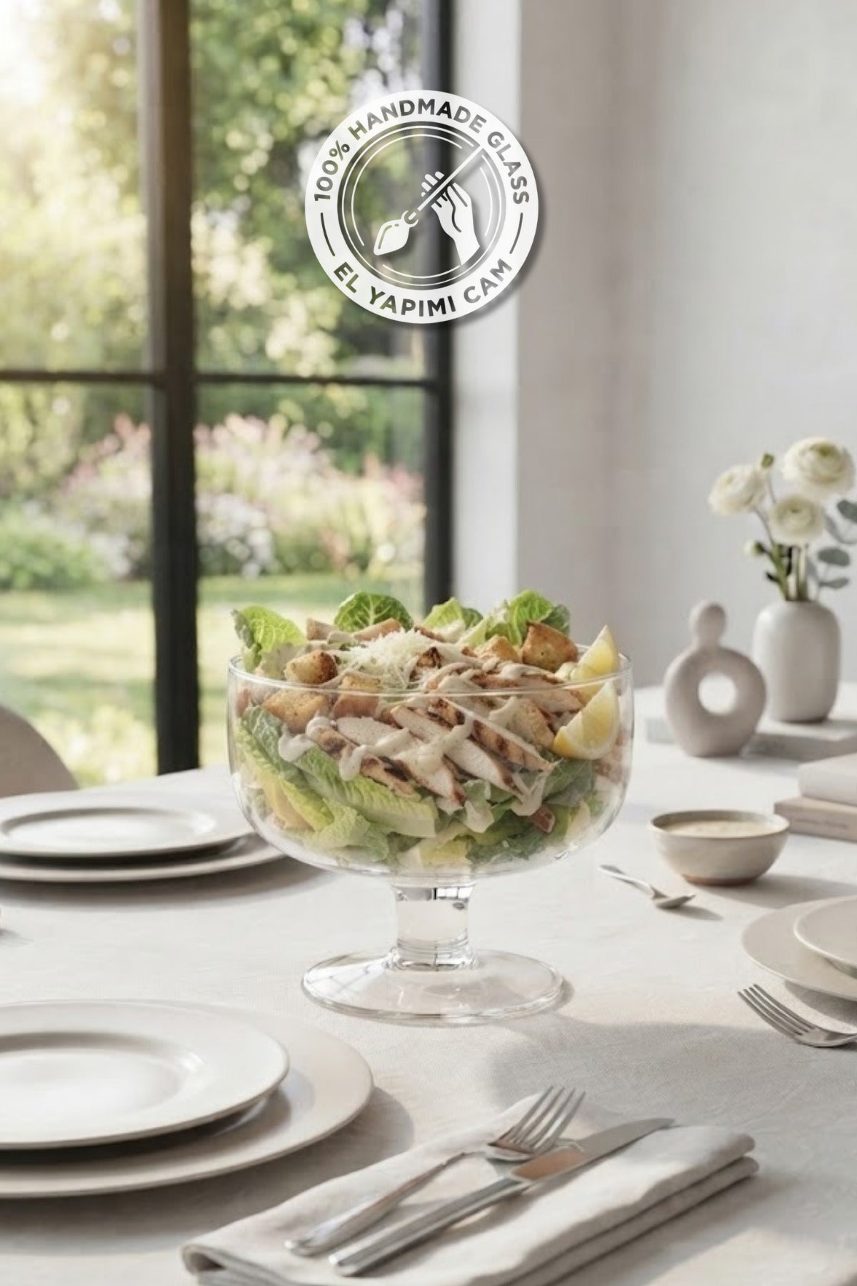 Selen Concept Noa Model Küçük Boy Ayaklı El Yapımı Cam Salata ve Sunum Kasesi