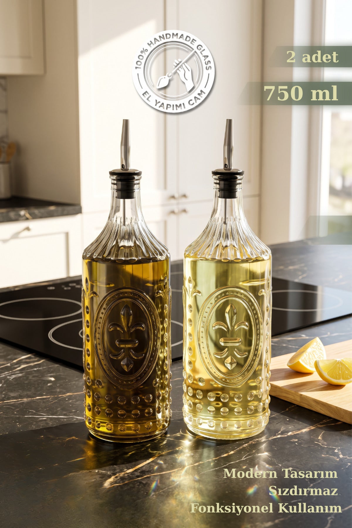 Selen Concept Fleur De Lis Model Büyük Boy El Yapımı Cam Yağdanlık ve Sirkelik 2 li Set