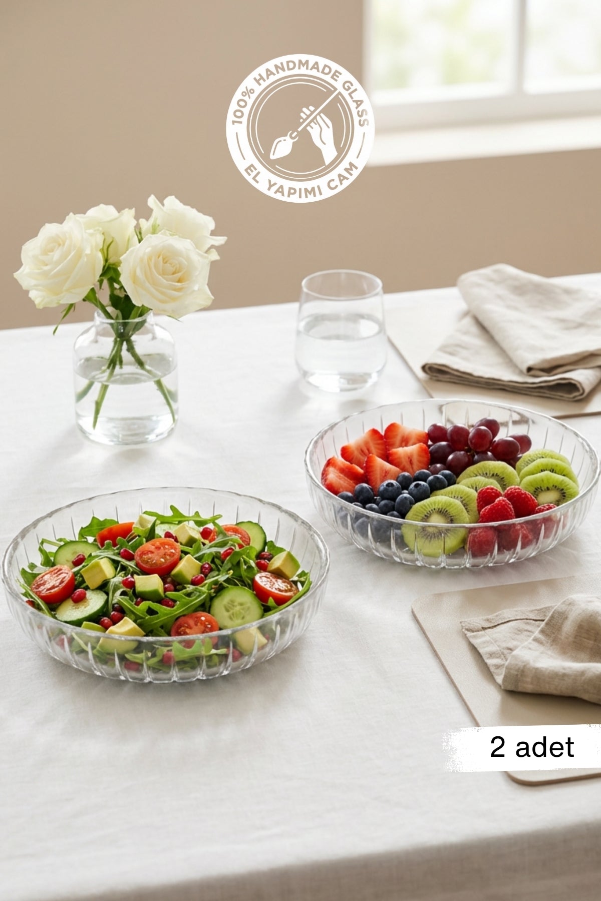 Selen Concept Sieana Model El Yapımı Cam Salata ve Meyve Kasesi 2'li Set