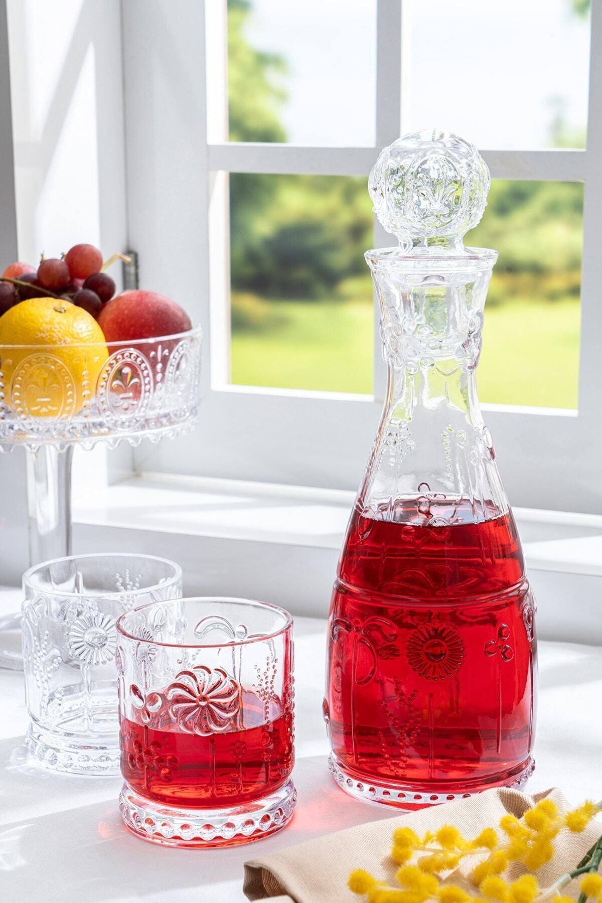 Glamis Bahar Model El Yapımı Cam Karaf 2 Bardaklı Set - 2 Bardaklı, El Yapımı, Çiçek Desenli, 1 Litre Hacim