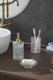 Glamis Kafes Model Banyo Takımı 3'lü Set, şık cam detayları ile banyo dekorasyonunu zenginleştiren sıvı sabunluk, diş fırçalık ve katı sabunlukları barındırıyor.