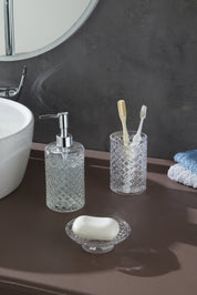 Glamis Kafes Model Banyo Takımı 3'lü Set - Şık banyo aksesuarları, el yapımı cam detaylarıyla estetik bir görünüm oluşturuyor.