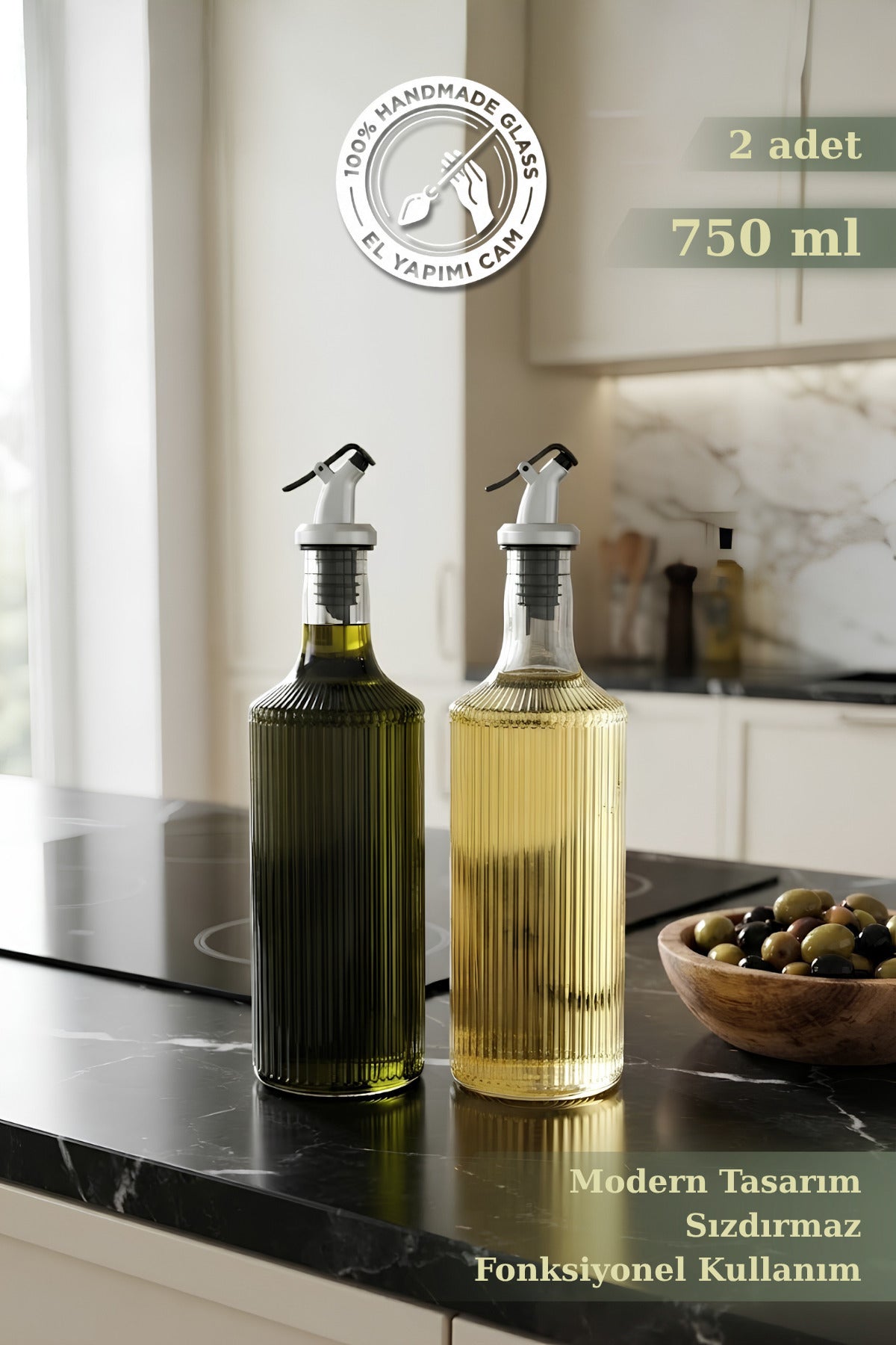 Selen Concept Pure Model Büyük Boy El Yapımı Cam Şişe ve Yağdanlık 2li Set
